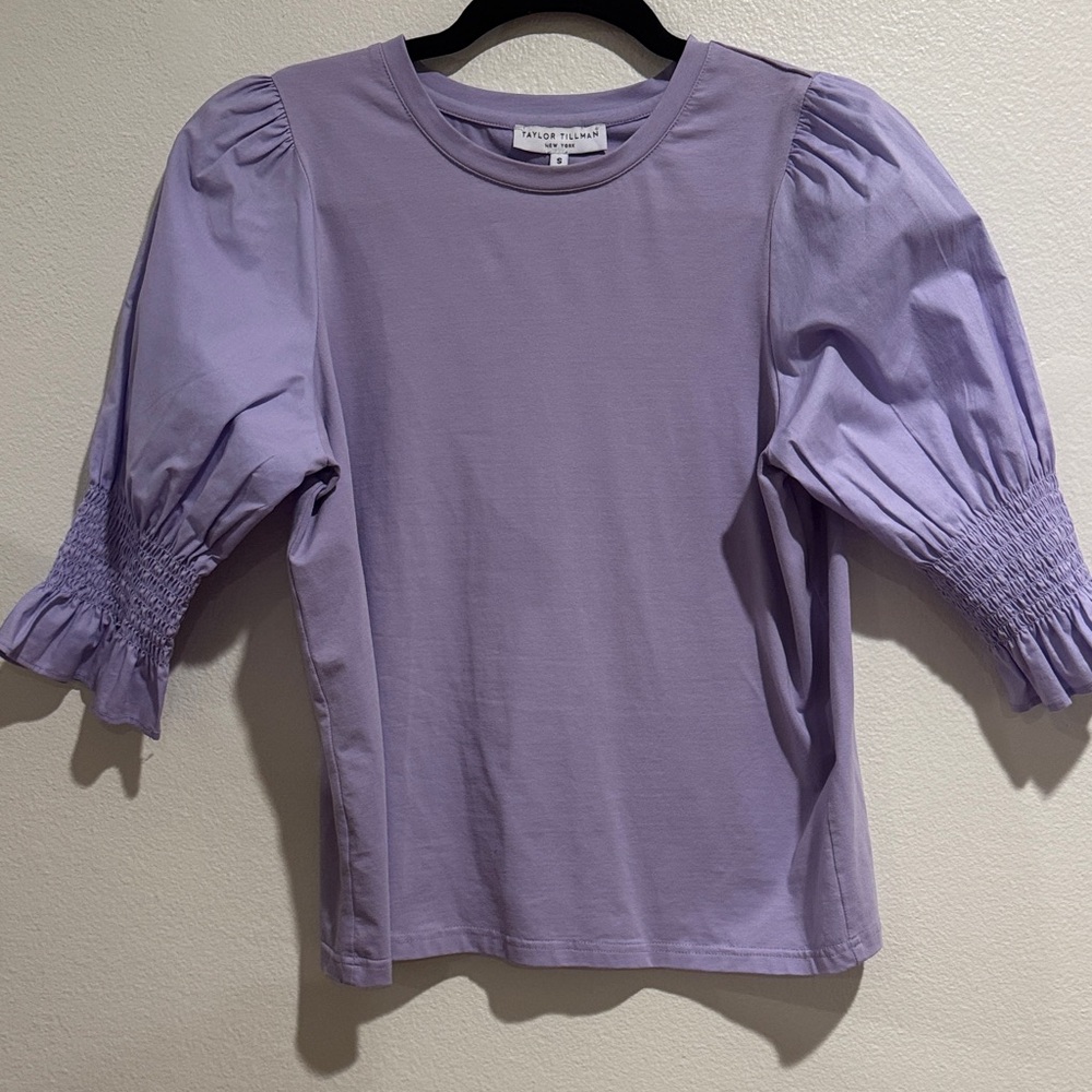 Lavender Puff-Sleeve Top with Smocked Cuffs